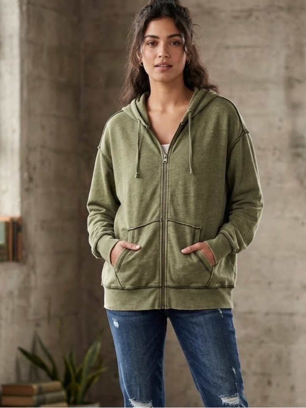 Old Navy Khaku Green Oversized Hoodie with Zipper Women’s Medium